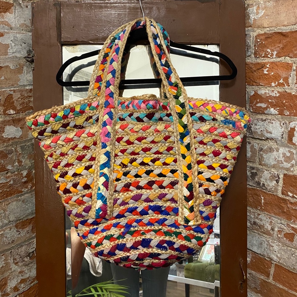 Anthropologie Rainbow Woven Straw Beach Bag Tote